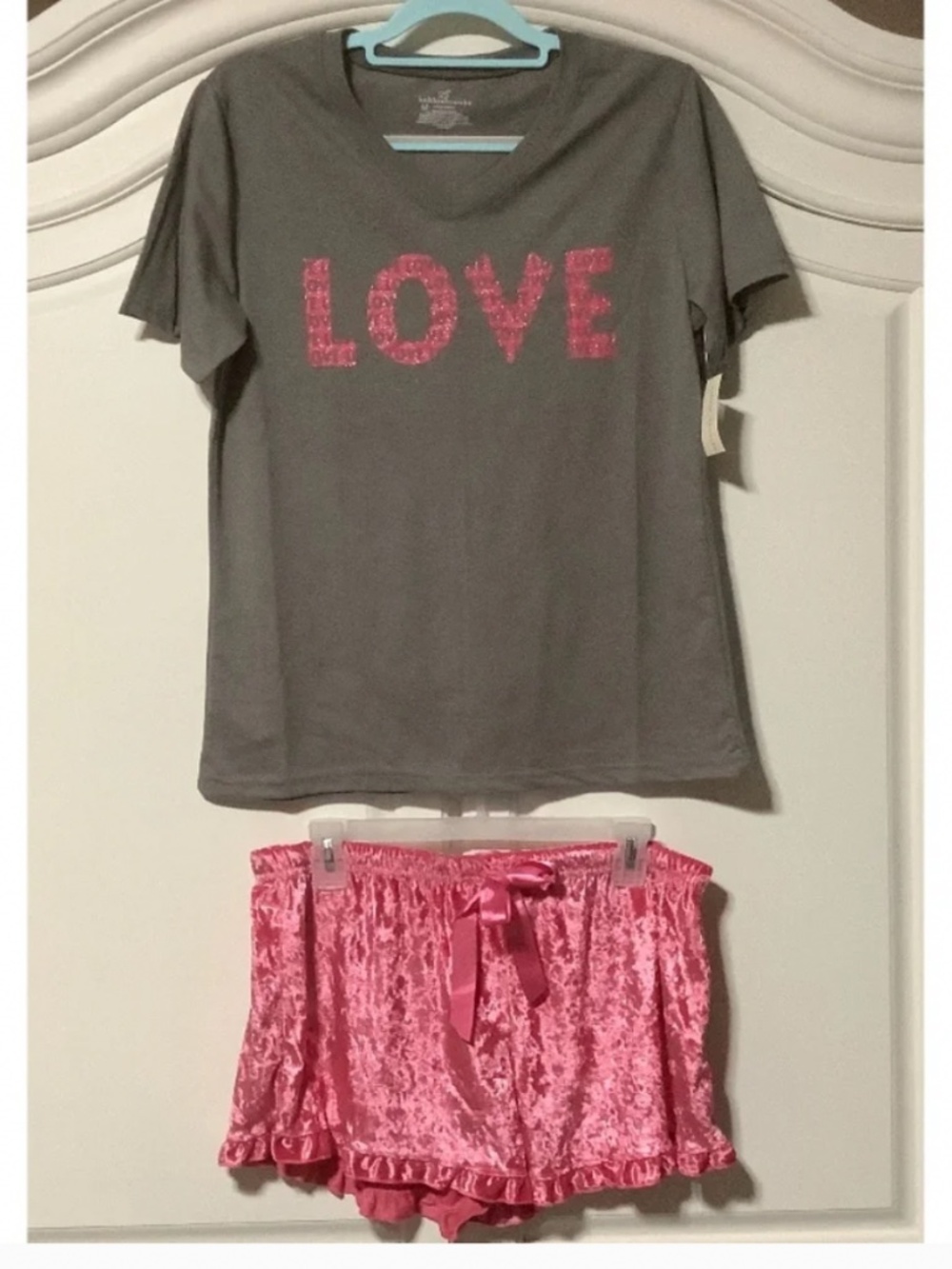 NWT ladies Med top, sm shorts, pj set, gray love top and velvety pink shorts